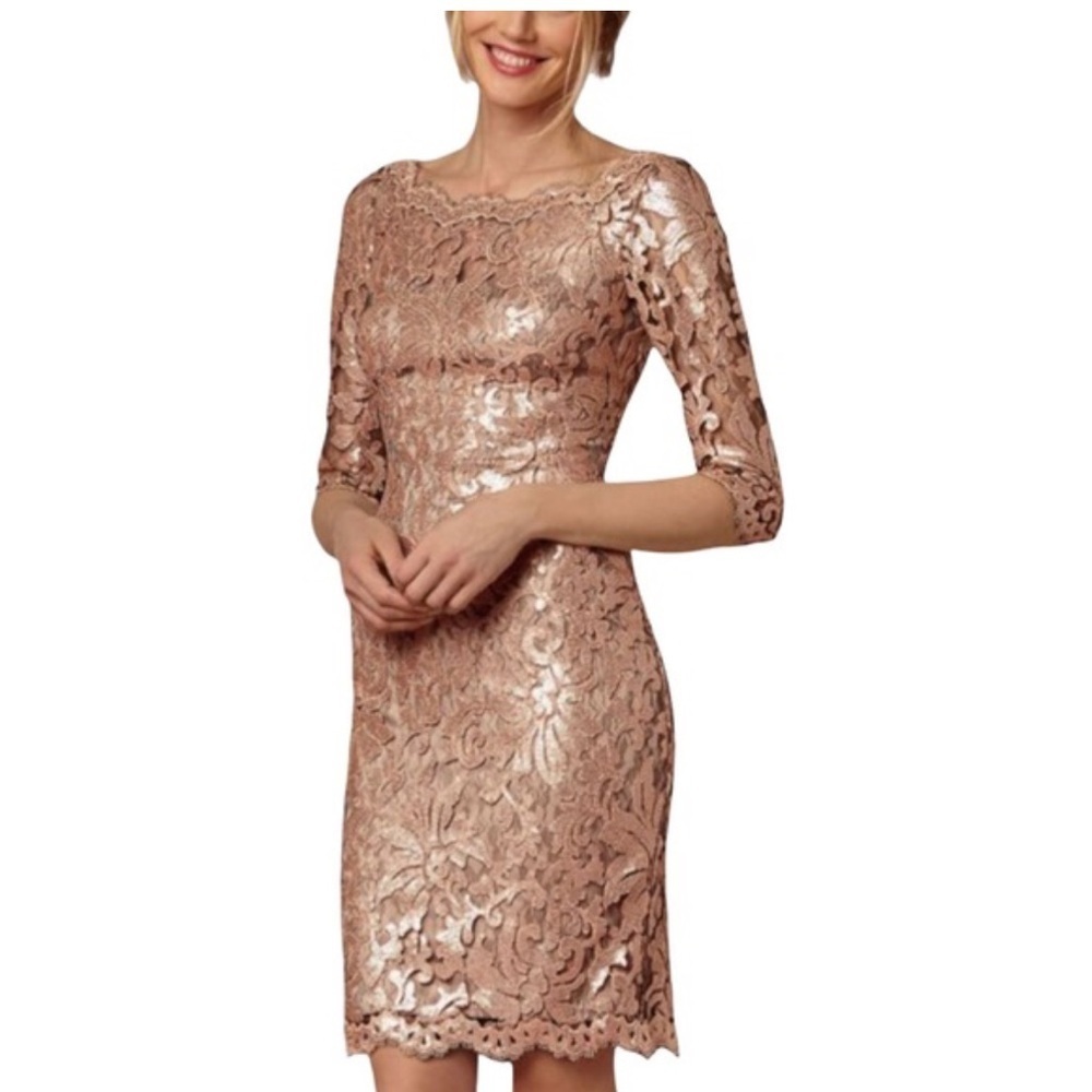 Tadashi Shoji Long-Sleeve Sequin Lace Cocktail Dress in Gold 12 Black Tie Formal